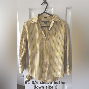 Ralph Lauren 3/4 length sleeve button down striped yellow blue top size 2